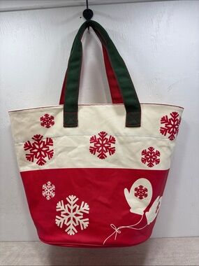 Barnes & Noble Christmas Snowflake Mitten Canvas Tote Bag Holiday Green Red BN